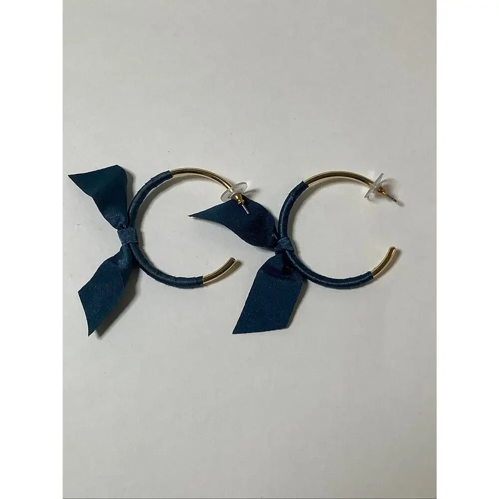 J. Crew Gold Tone Navy Satin Ribbon Wrapped Bow Hoop Earrings Statement E20-16